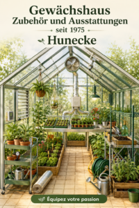 Accessoires de serre pour un jardin florissant, incluant étagères et systèmes d'arrosage.