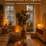Salon cosy avec lumière chaude et plantes décoratives