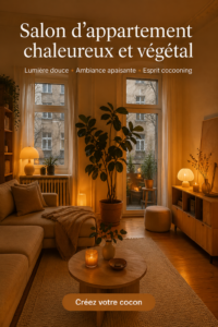 Salon cosy avec lumière chaude et plantes décoratives
