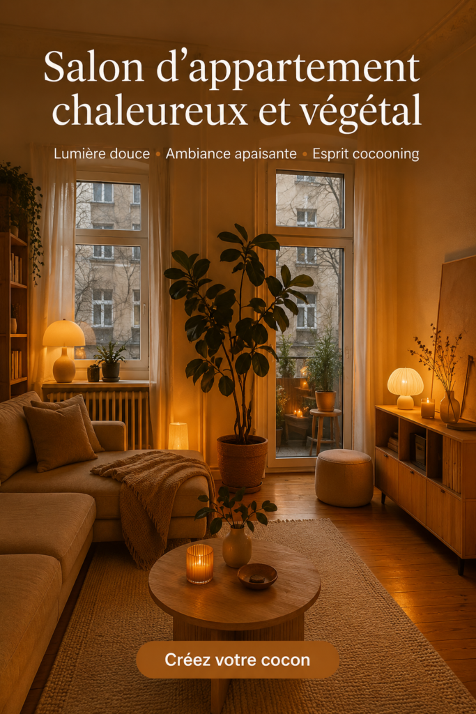 Salon cosy avec lumière chaude et plantes décoratives