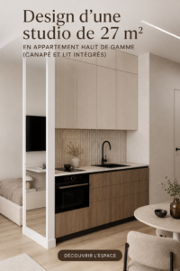 Aménagement d'un studio moderne de 27 m² avec canapé et lit intégré