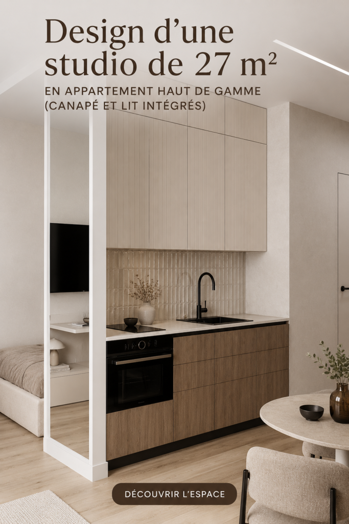 Aménagement d'un studio moderne de 27 m² avec canapé et lit intégré