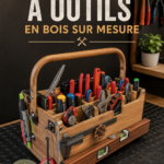 Caisse à outils en bois artisanale sur mesure, posée sur un plan de travail en atelier.