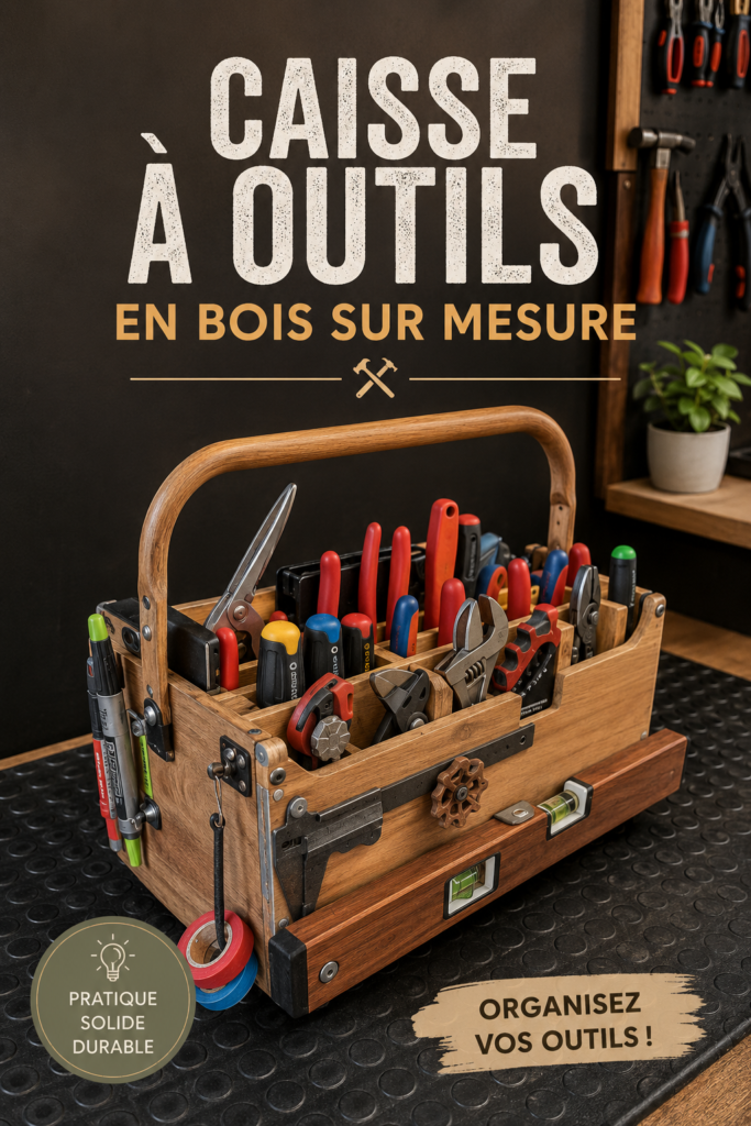 Caisse à outils en bois artisanale sur mesure, posée sur un plan de travail en atelier.