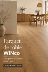 Parquet en chêne installé dans un salon chaleureux et moderne.