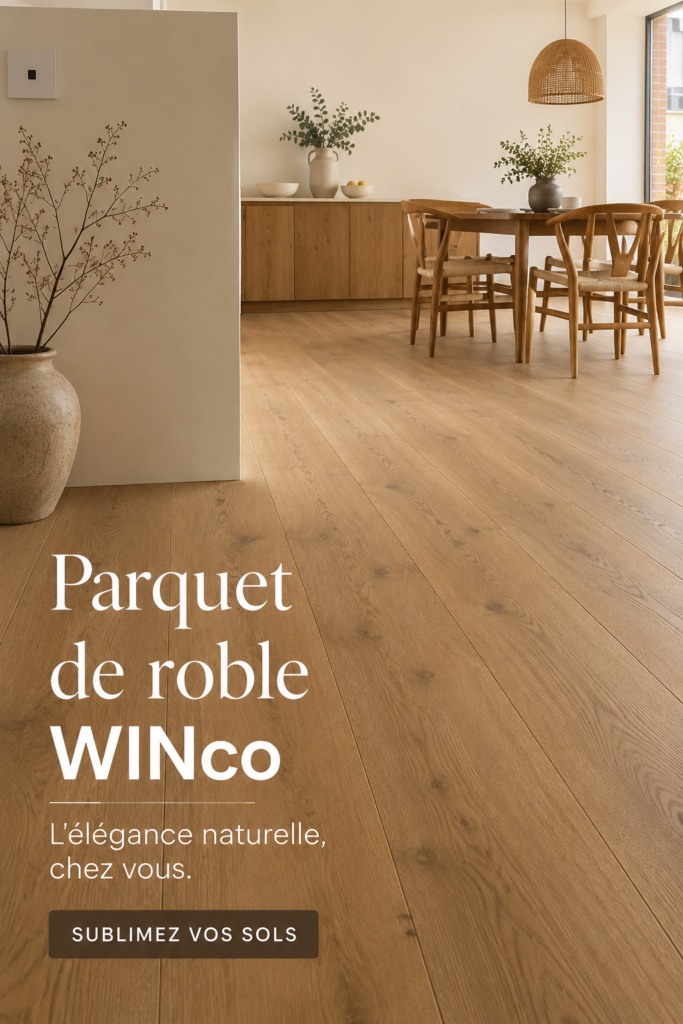 Parquet en chêne installé dans un salon chaleureux et moderne.