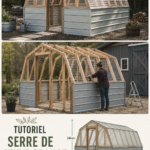Une belle serre en bois construite dans un jardin avec des plantes vertes.