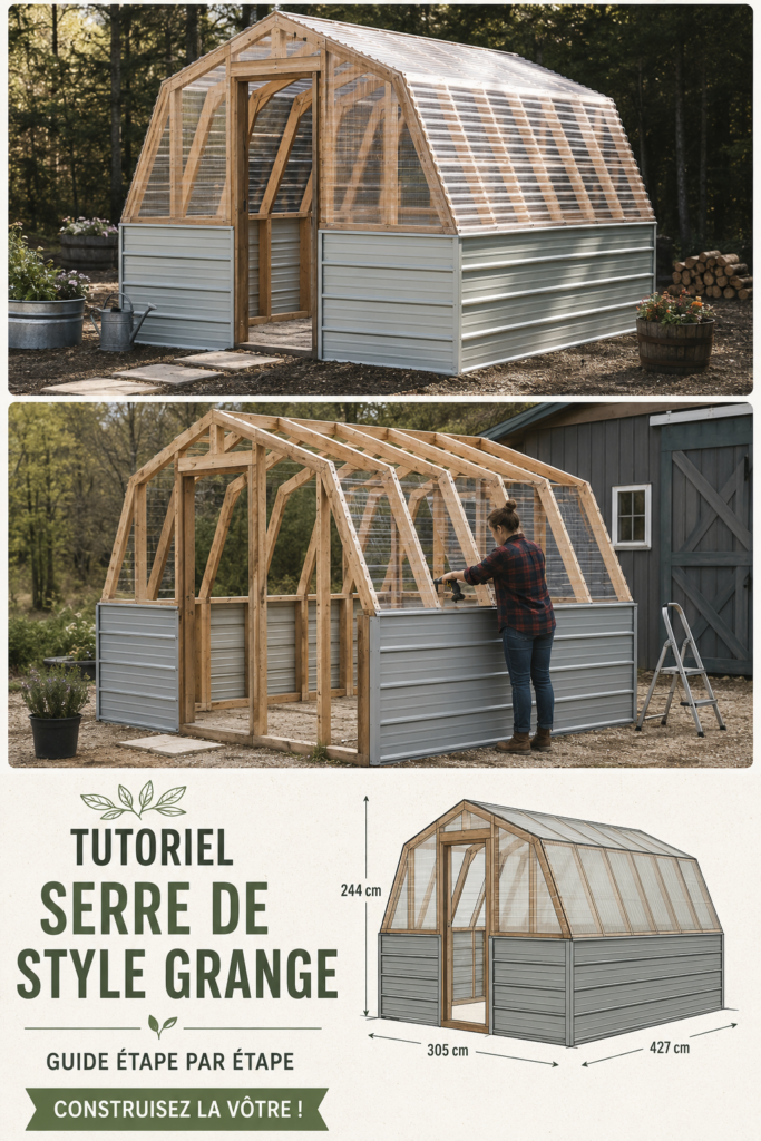 Une belle serre en bois construite dans un jardin avec des plantes vertes.