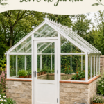 Serre de jardin construite avec des matériaux durables et des plantes vertes.