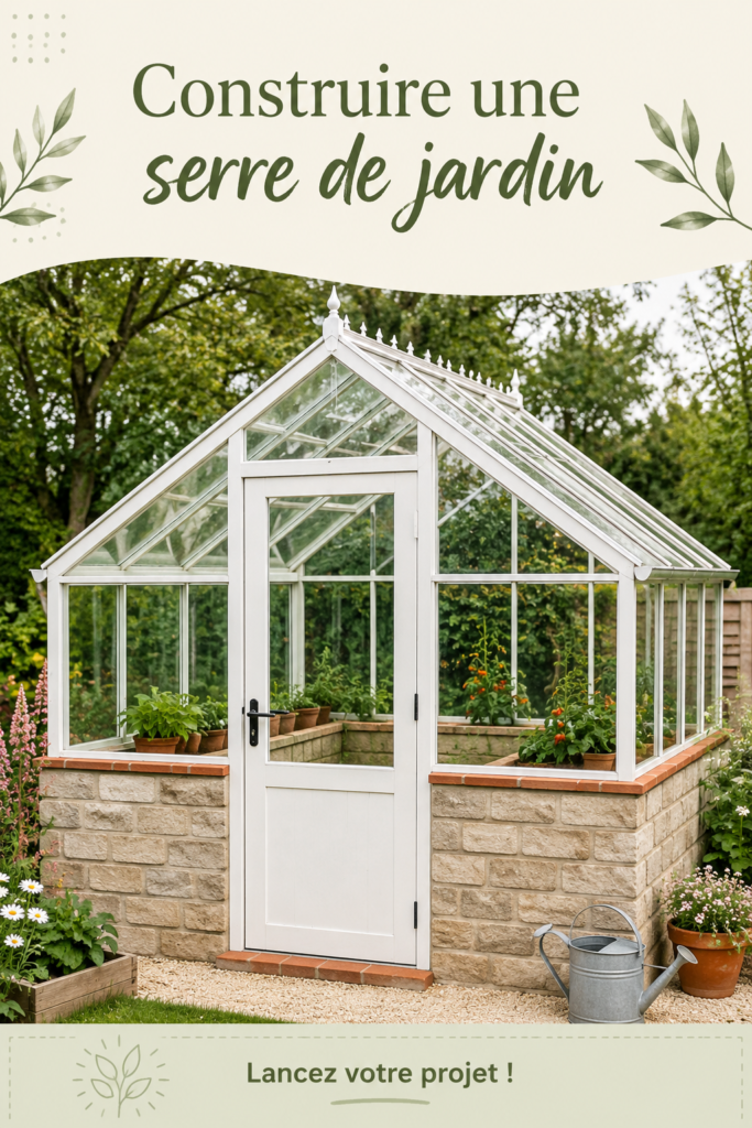 Serre de jardin construite avec des matériaux durables et des plantes vertes.