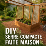 Une belle serre compacte en bois dans un jardin fleuri
