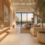 Salon moderne avec des dalles aspect pierre beige, créant une ambiance chaleureuse.