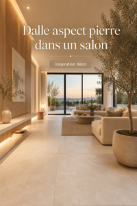 Salon moderne avec des dalles aspect pierre beige, créant une ambiance chaleureuse.