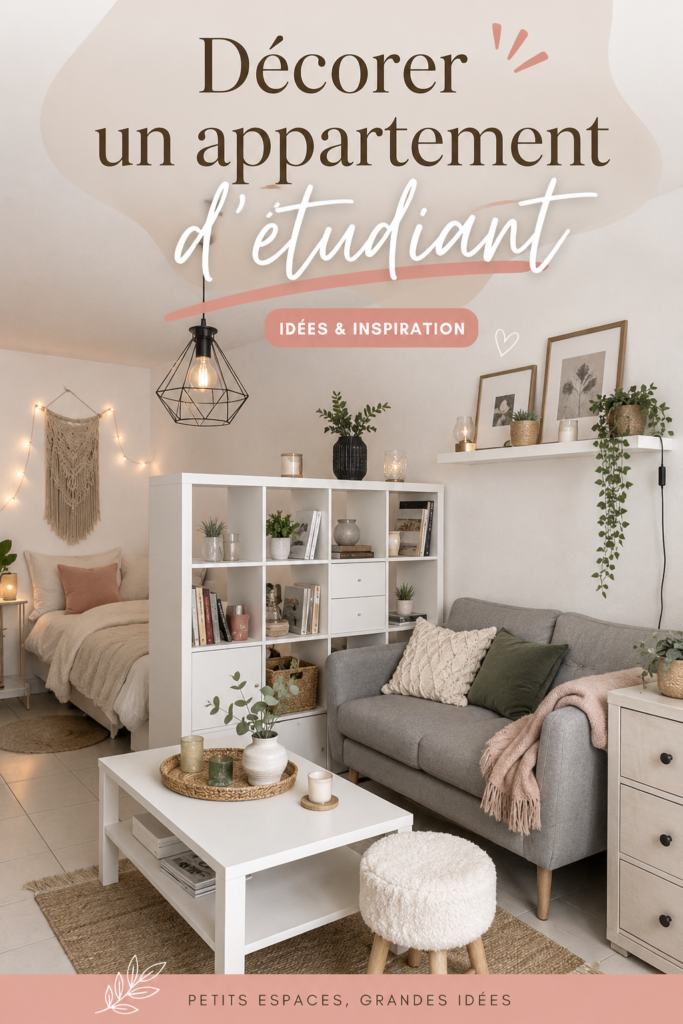 Appartement étudiant décoré avec des meubles modernes et des touches personnelles.