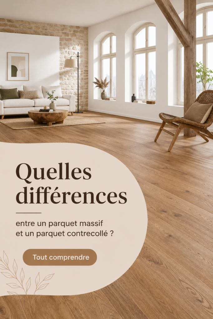 Comparaison entre parquet massif et parquet contrecollé dans un intérieur moderne.