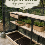 Un établi en bois et métal dans un jardin, prêt pour le jardinage.