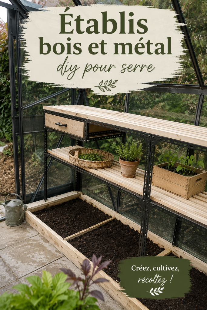 Un établi en bois et métal dans un jardin, prêt pour le jardinage.