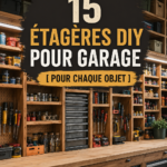 Une illustration d'étagères DIY en bois dans un garage organisées avec divers outils.