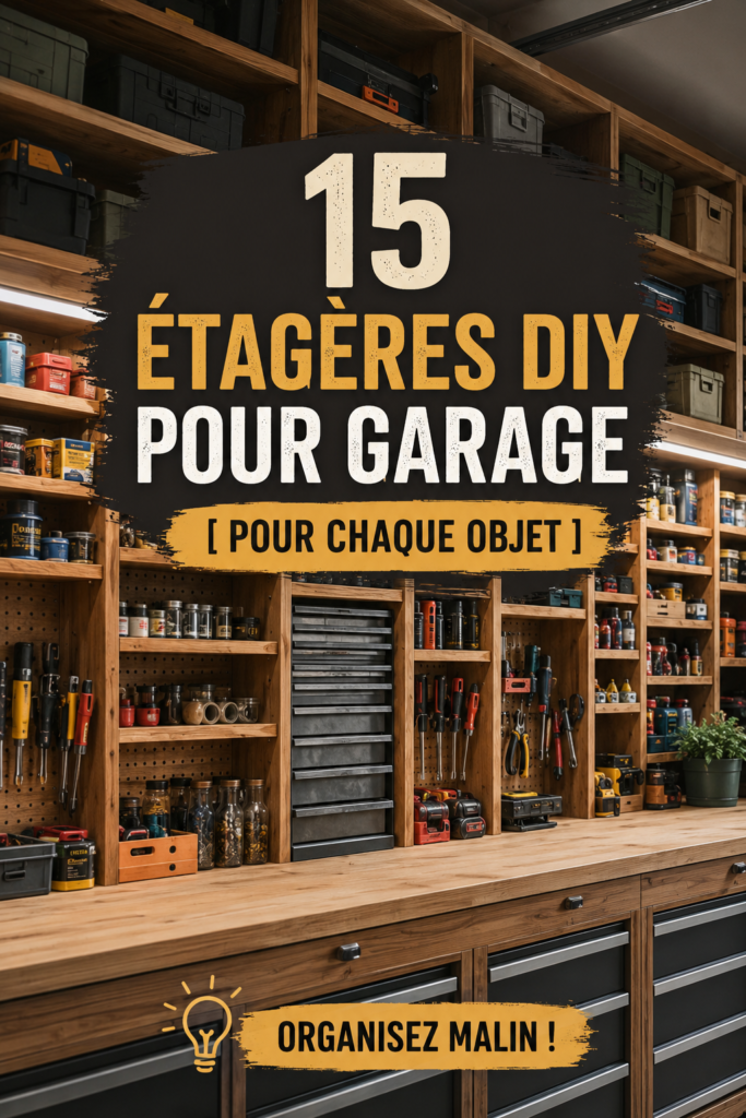 Une illustration d'étagères DIY en bois dans un garage organisées avec divers outils.
