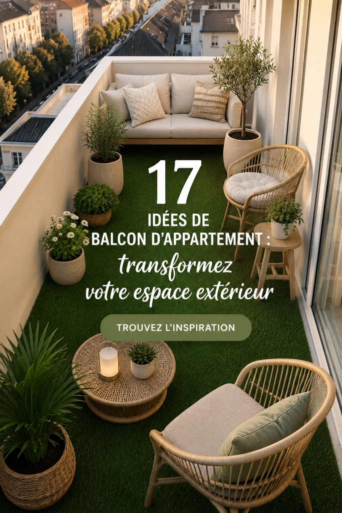 Un balcon d'appartement joliment décoré avec des plantes et des meubles confortables.