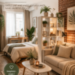 Un studio bien décoré avec des touches chaleureuses et modernes.