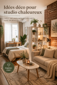 Un studio bien décoré avec des touches chaleureuses et modernes.