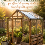 Mini-serre DIY en bois rempli de plantes vertes dans un petit jardin.