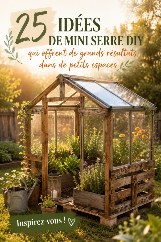 Mini-serre DIY en bois rempli de plantes vertes dans un petit jardin.
