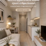 Un studio bien agencé avec des éléments décoratifs chaleureux et fonctionnels.