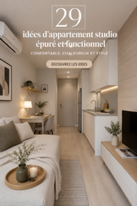 Un studio bien agencé avec des éléments décoratifs chaleureux et fonctionnels.