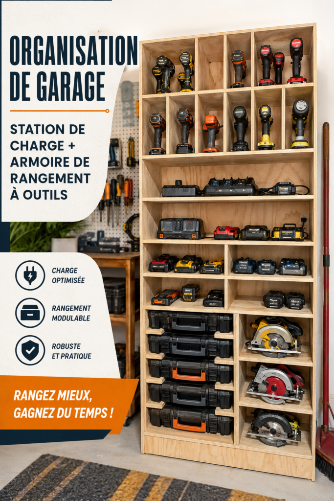Garage bien organisé avec une station de recharge moderne