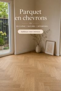 Un salon lumineux avec un parquet en chêne à chevrons qui ajoute chaleur et élégance à l'espace.