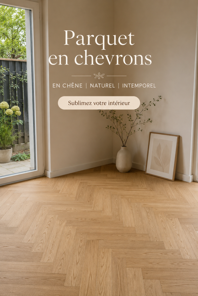 Un salon lumineux avec un parquet en chêne à chevrons qui ajoute chaleur et élégance à l'espace.