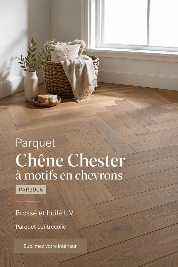 Un salon moderne avec parquet en chevrons Chester Oak