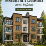 Visuel d'un plan d'appartements modernes avec balcons, illustrant une construction de 8 unités.