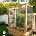 Potager surélevé en bois avec des légumes en pleine croissance dans un jardin