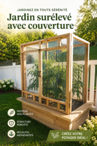 Potager surélevé en bois avec des légumes en pleine croissance dans un jardin
