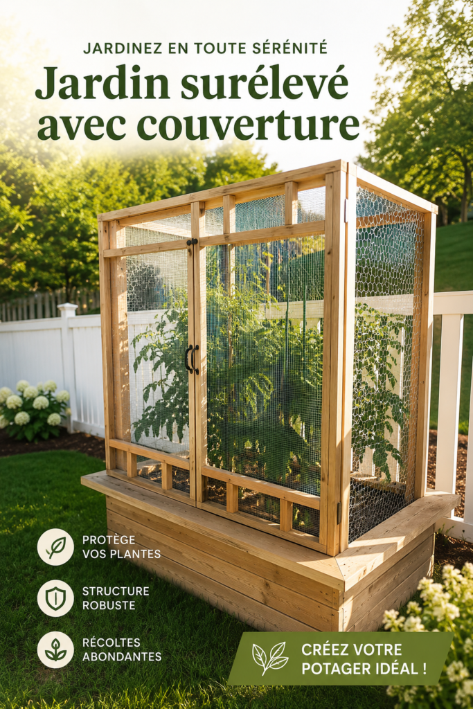 Potager surélevé en bois avec des légumes en pleine croissance dans un jardin