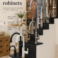 Exposition de robinets design accentuant un escalier dans un intérieur chaleureux.
