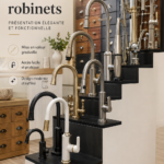 Exposition de robinets design accentuant un escalier dans un intérieur chaleureux.