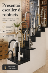 Exposition de robinets design accentuant un escalier dans un intérieur chaleureux.