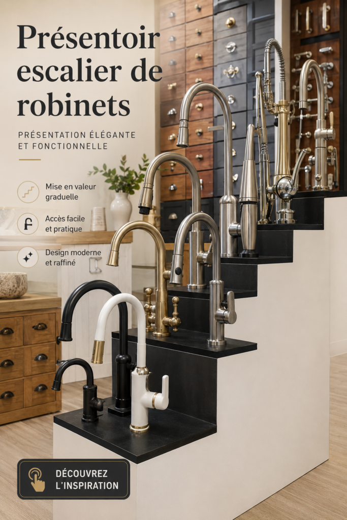 Exposition de robinets design accentuant un escalier dans un intérieur chaleureux.