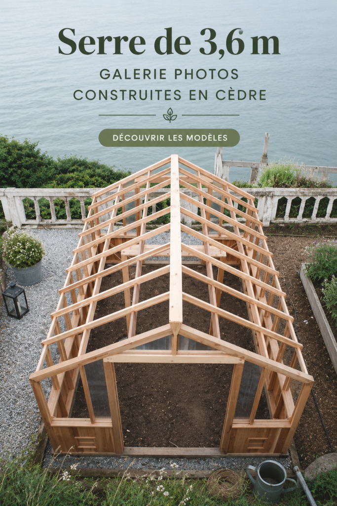 Serre en bois bien aménagée dans un jardin verdoyant