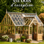 Serre en bois d'exception dans un jardin verdoyant, offrant un espace idéal pour les plantes.