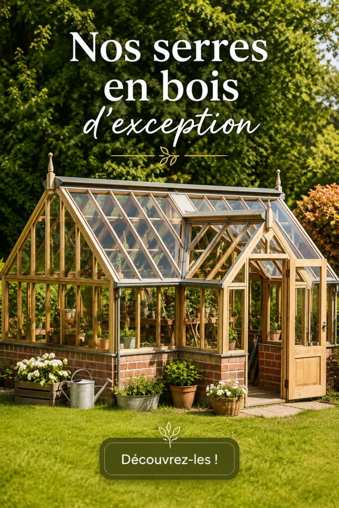 Serre en bois d'exception dans un jardin verdoyant, offrant un espace idéal pour les plantes.