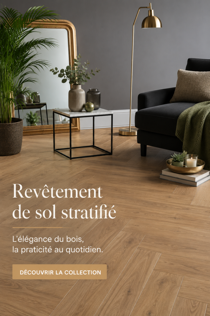 Un salon moderne avec un sol stratifié en bois clair, créant une ambiance chaleureuse.