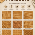 Une pièce avec un parquet récemment posé, montrant des motifs modernes.