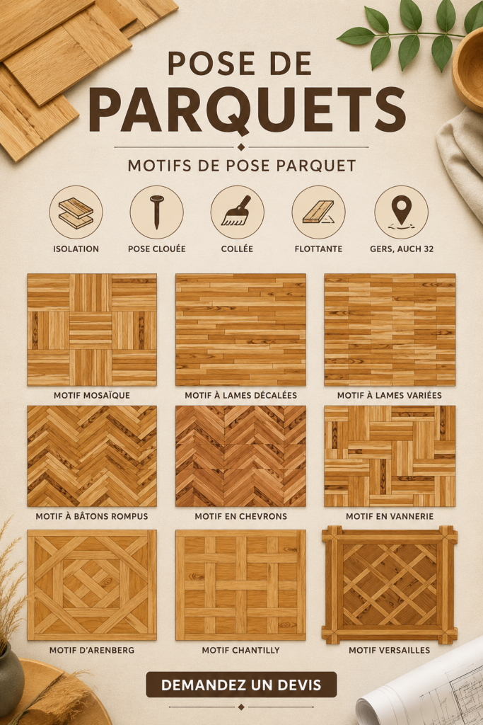 Une pièce avec un parquet récemment posé, montrant des motifs modernes.