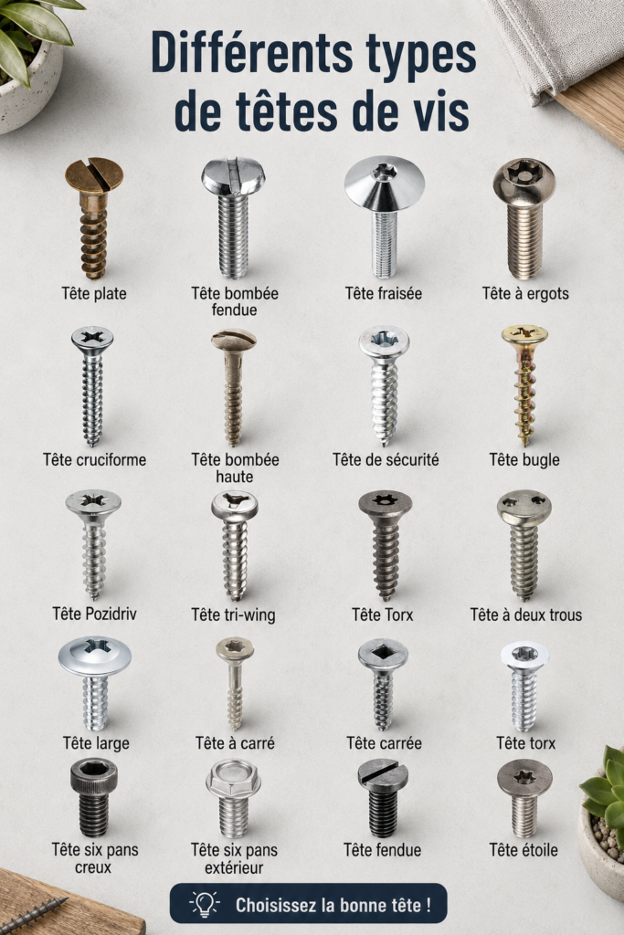 Différents types de têtes de vis illustrés