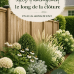 Aménagement paysager créatif le long d'une clôture dans un jardin fleuri.